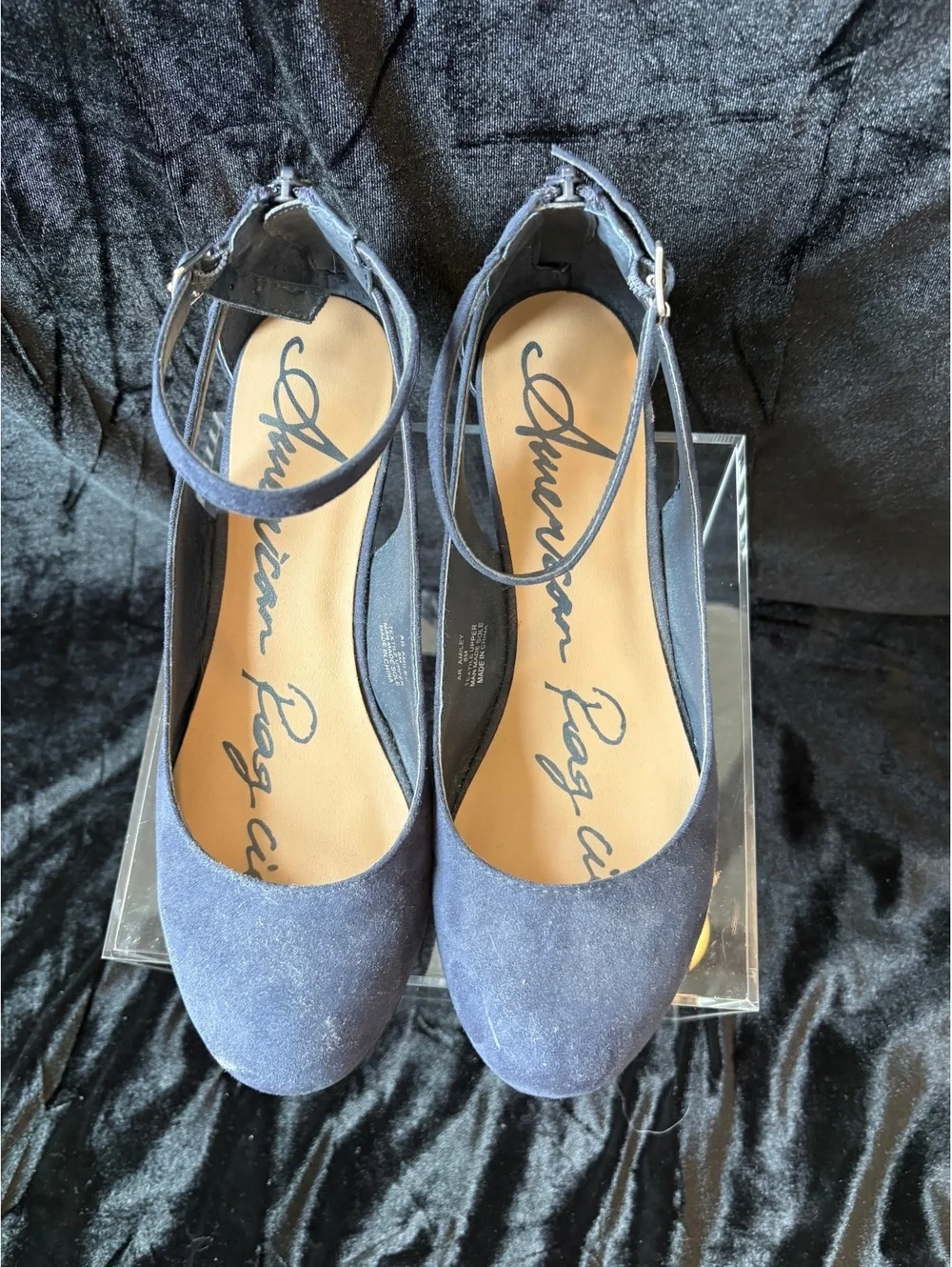 American Rag Gray Suede Ankle Strap Wedge Heels with Back Zipper